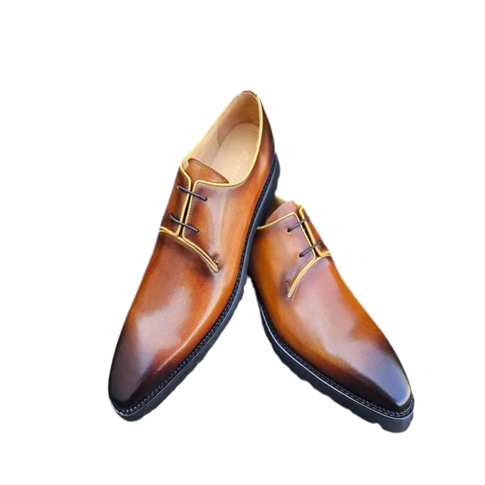 Cognac Lace-Up Carrucci Shoes Genuine Leather Black Rubber Sole Casual Look