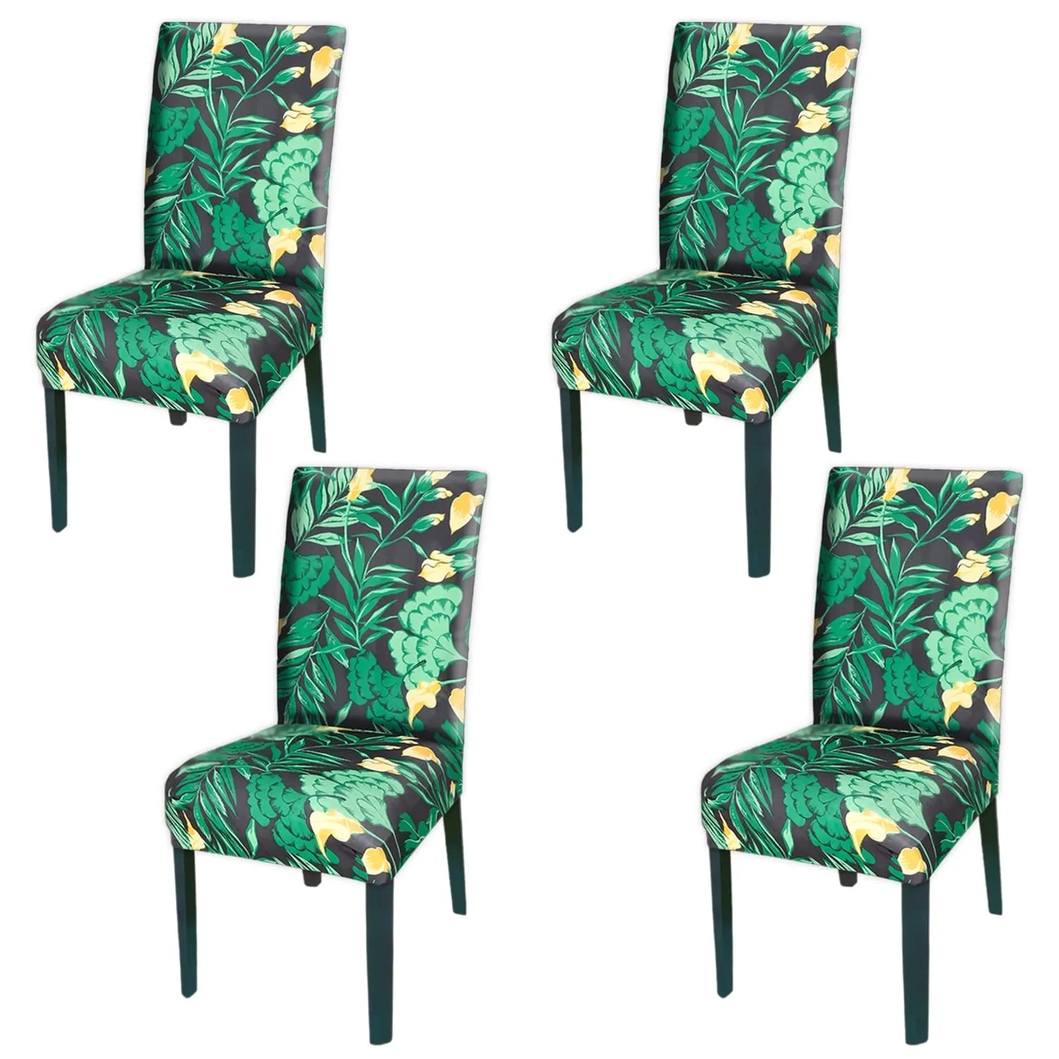 Heart Home Flower Printed Polyester Stretchable Elastic Dining Chair Cover/Seat Slipcover/Seat Protector- Pack of 4 (Black & Brown)-50HH0916