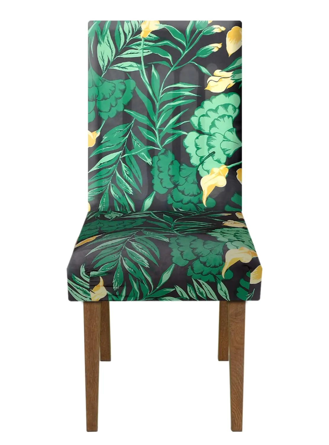 Heart Home Flower Printed Polyester Stretchable Elastic Dining Chair Cover/Seat Slipcover/Seat Protector- Pack of 4 (Black & Brown)-50HH0916