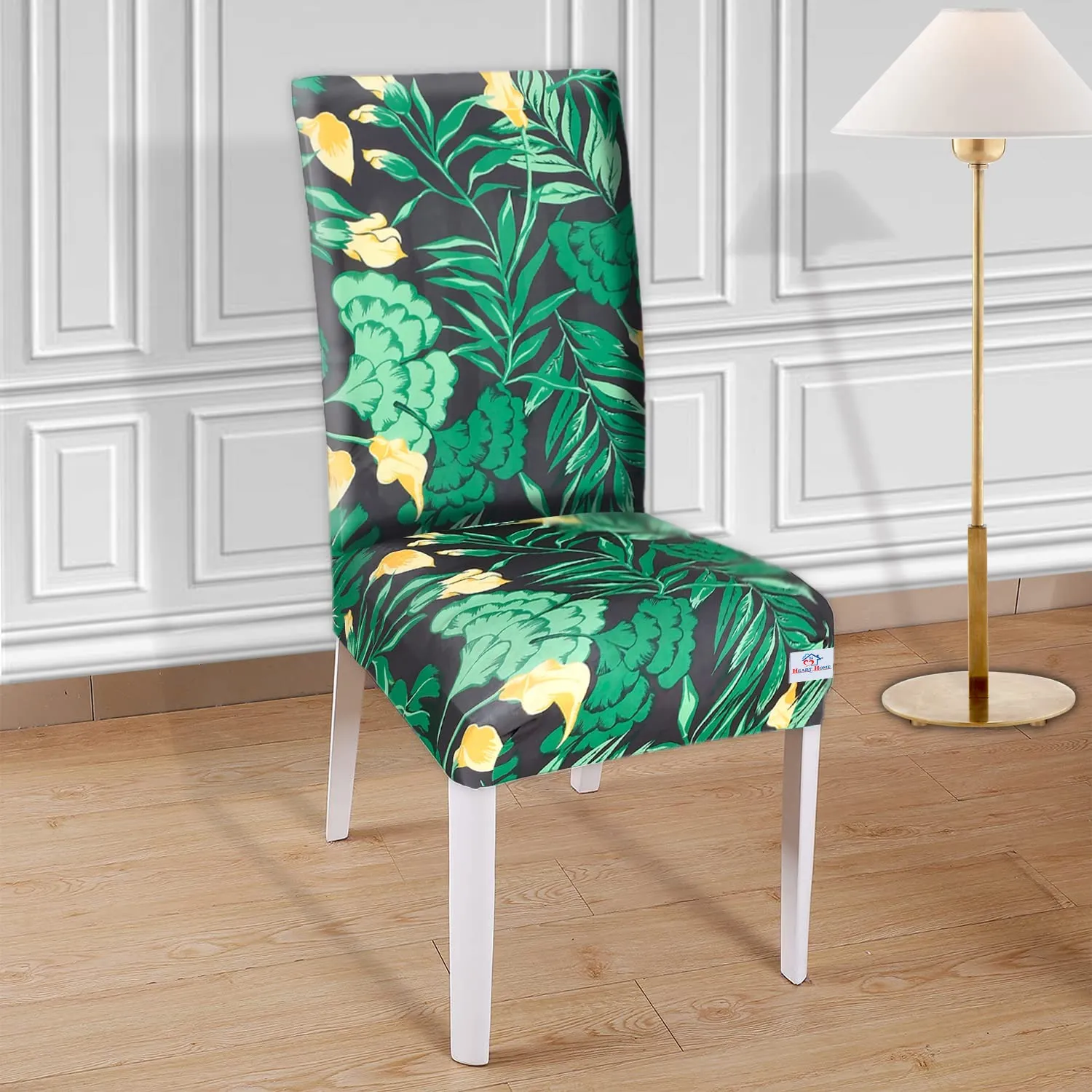 Heart Home Flower Printed Polyester Stretchable Elastic Dining Chair Cover/Seat Slipcover/Seat Protector- Pack of 4 (Black & Brown)-50HH0916