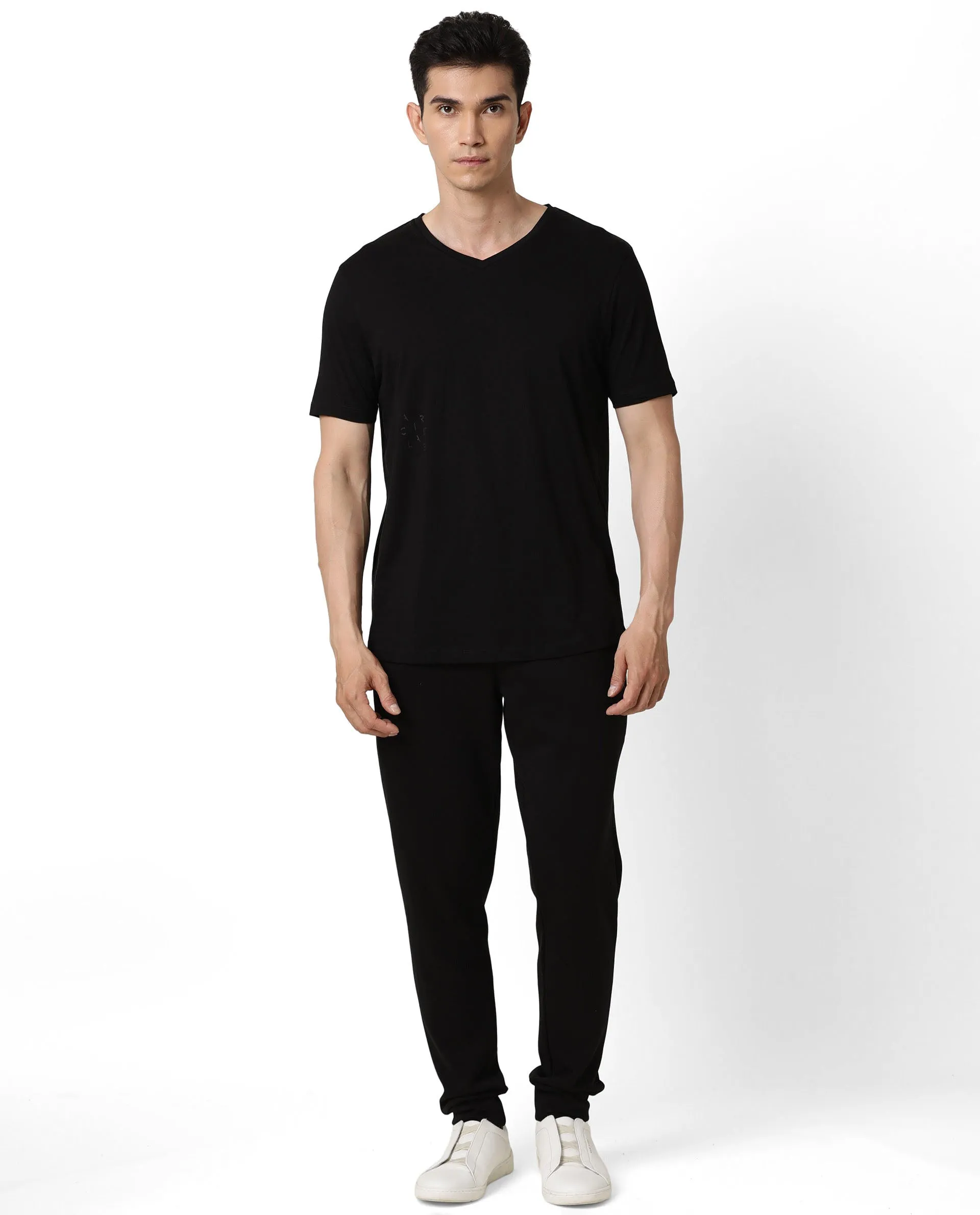 Rare Rabbit Articale Men's Cleok Double Black Solid V-Neck Relaxed Fit Half Sleeves T-Shirt