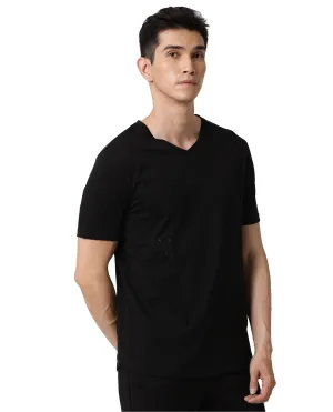 Rare Rabbit Articale Men's Cleok Double Black Solid V-Neck Relaxed Fit Half Sleeves T-Shirt