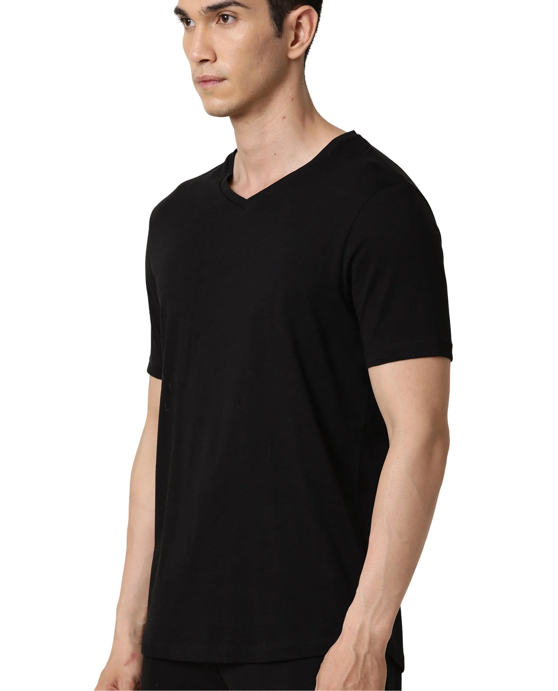 Rare Rabbit Articale Men's Cleok Double Black Solid V-Neck Relaxed Fit Half Sleeves T-Shirt