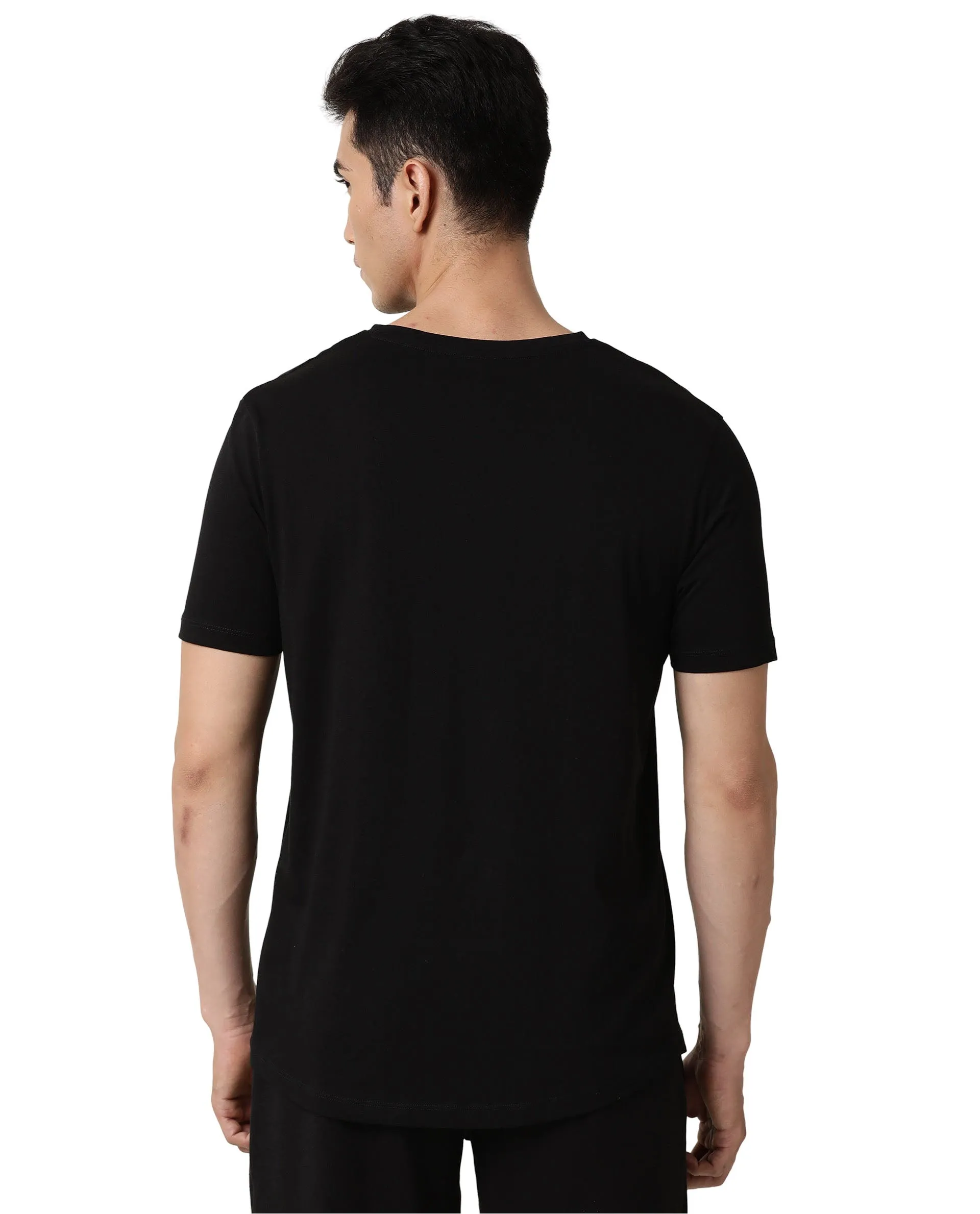 Rare Rabbit Articale Men's Cleok Double Black Solid V-Neck Relaxed Fit Half Sleeves T-Shirt