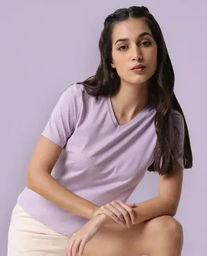 Rareism Women Arvi Light Pink Cotton Blend Fabric Regular Fit Half Sleeves Solid V-Neck T-Shirt