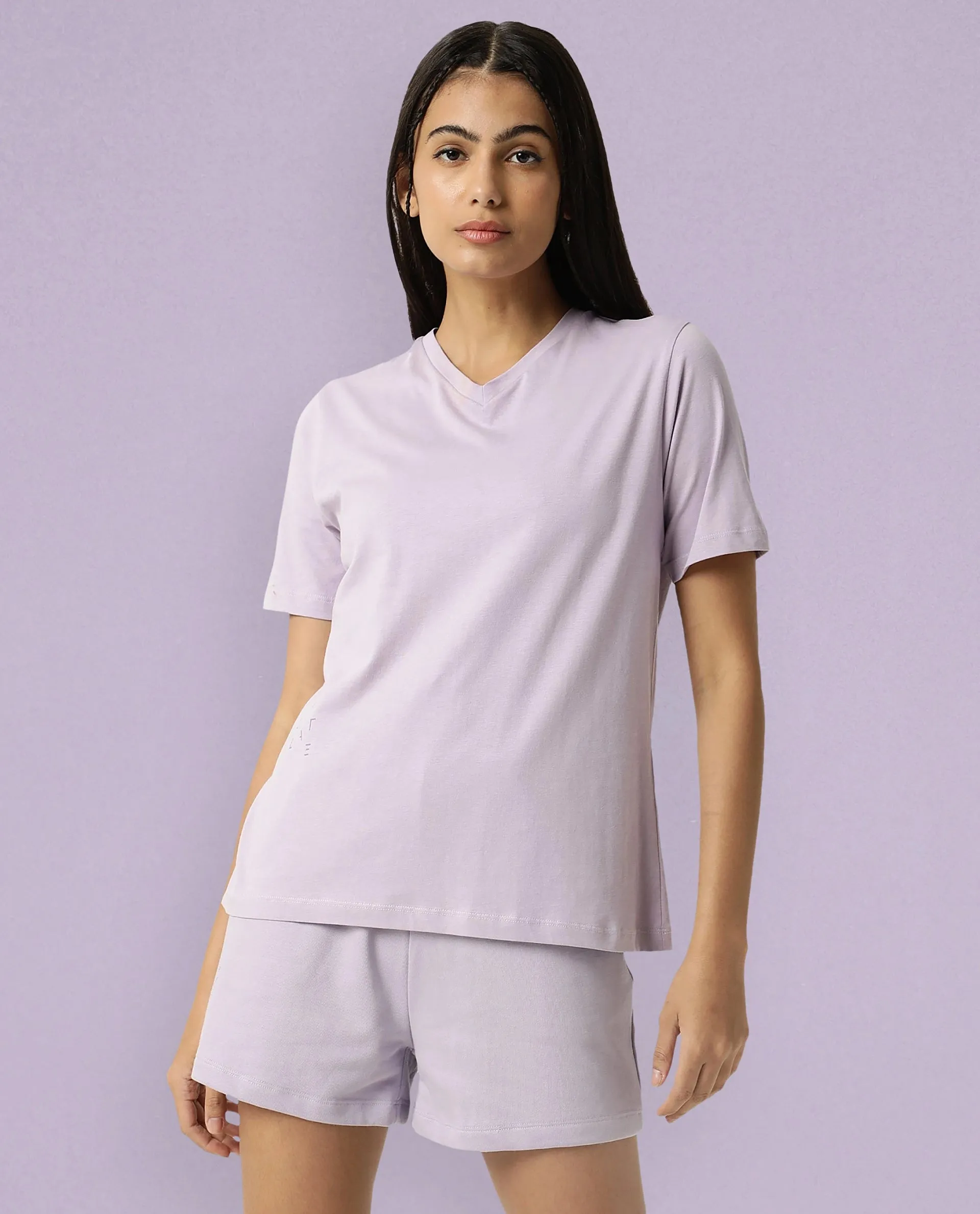 Rareism Women Arvi Light Pink Cotton Blend Fabric Regular Fit Half Sleeves Solid V-Neck T-Shirt