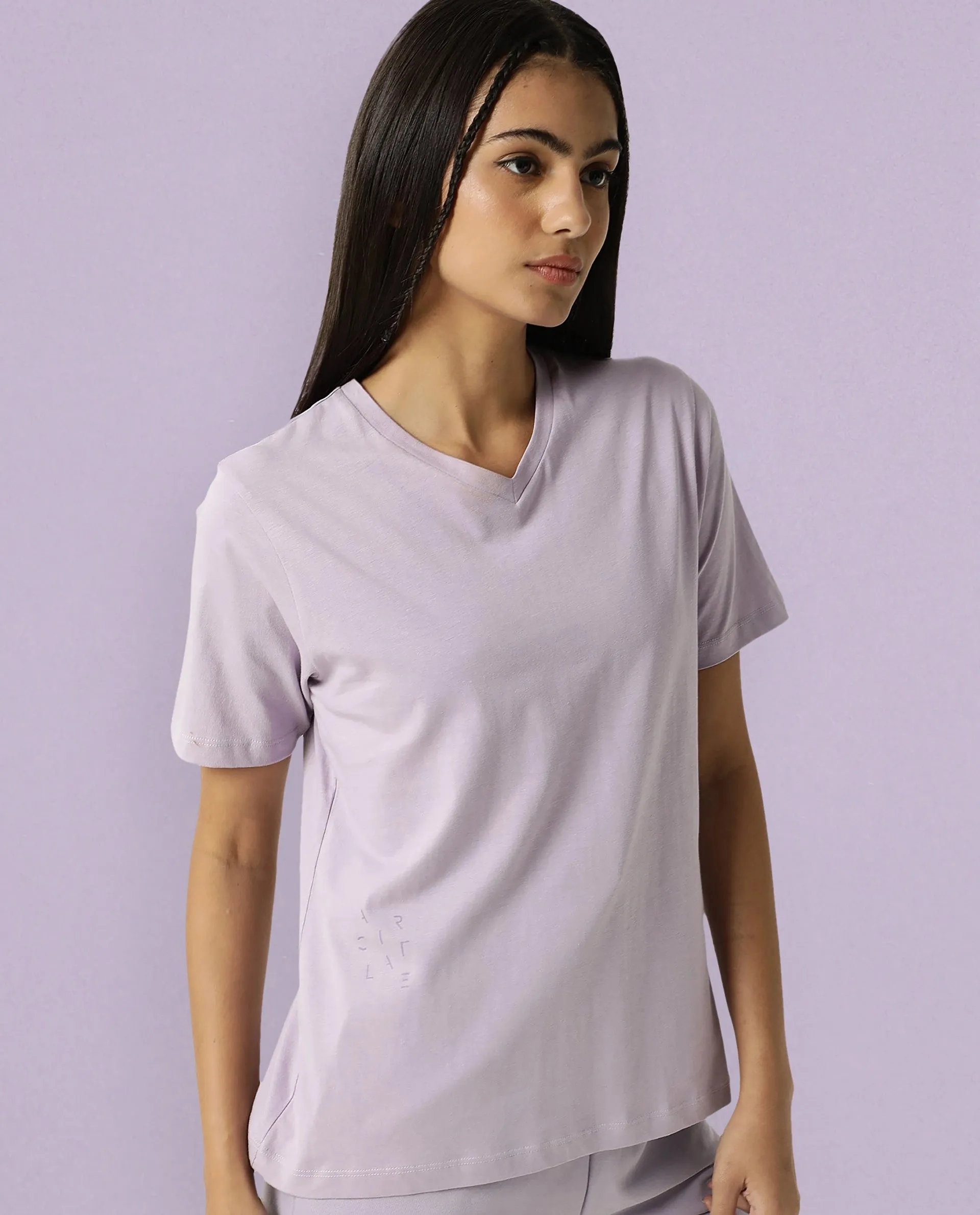 Rareism Women Arvi Light Pink Cotton Blend Fabric Regular Fit Half Sleeves Solid V-Neck T-Shirt